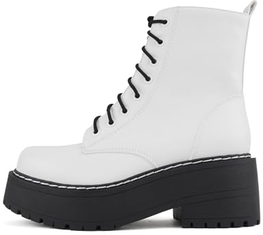 Soda FLING Women Chunky Lug Sole Lace up Fashion Combat Ankle Boot w/Side Zipper (White/Black Pu, 8.5)