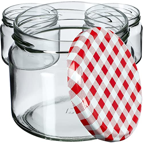 KADAX Lot de 100 bocaux à confiture avec couvercle à visser 330 ml - Bocaux de conservation pour confitures, confitures, miel, bocaux à visser (carreaux rouges/rouges)