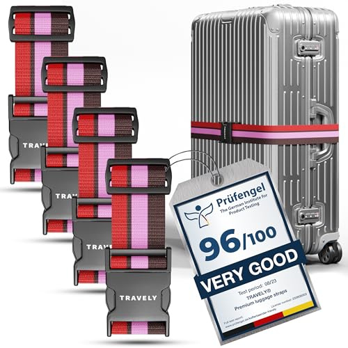 Travely® Premium Koffergurt - Besonders Auffällig & Sicher - Inkl. 4 Namensschildern - Gepäckband ideal über Kreuz - [4er Set] - Rot-Pink-Braun