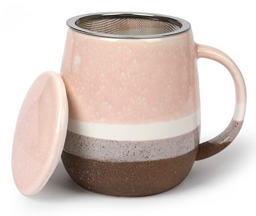 Taza de té TuYines de cerámica, 400 ml, con tapa y colador de acero inoxidable