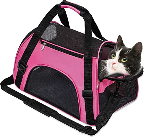 Soft-Sided Foldable Cat/Dog/Pet/Puppy Carrier Bag,Portable Pets Travel Carriers For Cats/Dogs/Pets With Shoulder Strap & Removable Mat,Durable Comfort Cat Basket Airline Approved(Pink,Small)