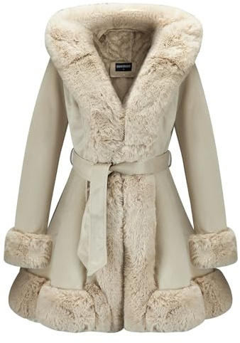 GRAN ORIENTE Suede Jacket for Women with Faux Fur Collar,Long Sleeve Warm Winter Parka Coat with Belt Outerwear, Beige, Medium