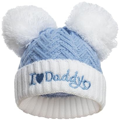 Royal Icon Knitted Pom Pom Hat - Baby Boys & Girls Winter Hat - Single Pom Pom - Warm Double Bubble - 0-12 Months - Acrylic, Blue I Love Daddy - Ri682