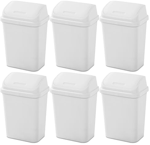 Sterilite 7.8 Gallon SwingTop Wastebasket, Plastic Trash Can with Lid and Compact Design for Kitchen, Office, Dorm, or Laundry Room, White (6 Pack)