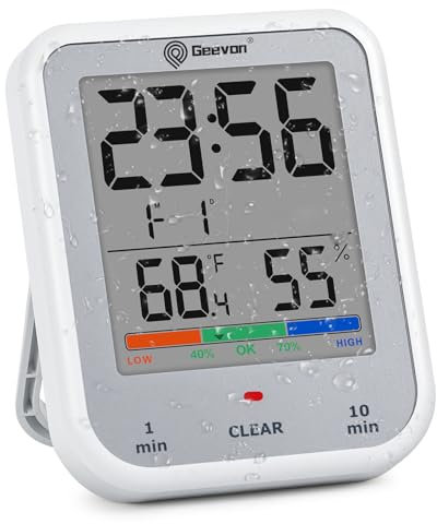 Geevon Badezimmer Uhr klein mit LED Zeitdisplay, große lesbare Digitale, Wandmontage oder Standplatz, IP24 wasserdicht, Hygrometer, Temperaturanzeige, Duschuhr, Bad Küche(Silber)