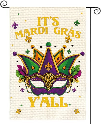 Drapeau de jardin « It's Mardi Gras Y'all » - 30,5 x 45,7 cm - Double face - Masque de bal masqué - Décoration extérieure