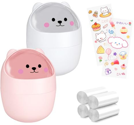8 pièces Mini Poubelle de Table avec Couvercle, Petite Poubelle de Bureau avec Sacs Poubelles Autocollants, Dessin Animé Mignon Corbeilles à Papier Bac de Déchets de Table pour Chambre Salle de Bain 2