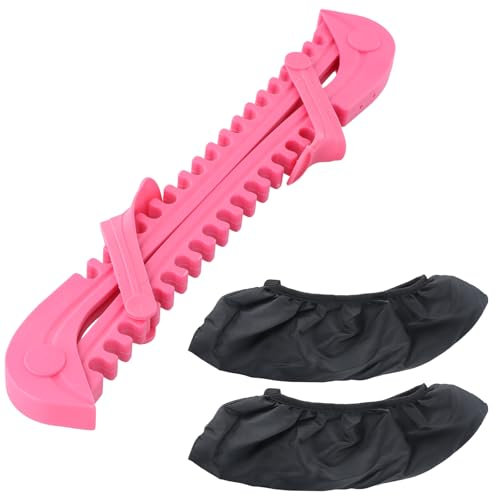 Schlittschuhschutz, 1 Paar Kufenschoner Schlittschuhe + 1 Paar Schlittschuh Staubschutzhülle, Kufenschoner Eiskunstlauf, Verstellbare Schlittschuhprotektoren für Erwachsene Kinder (Rosa)