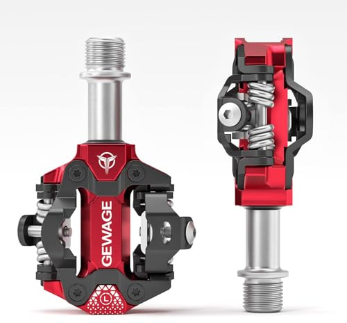 GEWAGE Pédales klick MTB SPD – Aluminium usiné CNC, système SPD Double Face, Tension de déclenchement réglable, Compatible avec Les systèmes SPD, Filetage 9/16, légères (365g), idéales pour (Rouge)