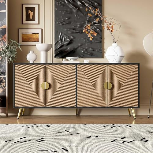 WASAGA Sideboard mit Erhabener Textur 160cm, Schrank mit Vier Türen Goldene Gebürstete Griffe und Hochglanz Tischbeine (Schwarz + Holz)