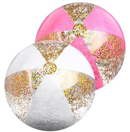 Palloni da Spiaggia Gonfiabili, 2 PCS Paillettes Palloni Gonfiabili, Palla Gonfiabile Bambini, Palla da Spiaggia, Pallone Gonfiabile Spiaggia, per Feste Estive in Spiaggia e in Piscina (Rosa+Bianco)