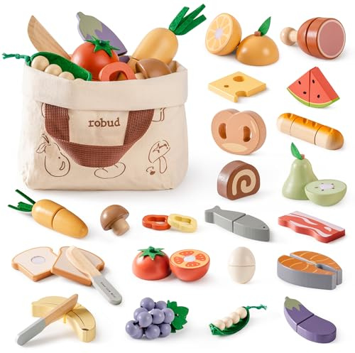 ROBUD Wooden Play Food Set, 4-in-1 Cutting Toy Food for Pretend Kids Play Kitchen Accessories Playset with Storage Bag, Montessori Toys Gifts for 3+ Year Old Girls Boys (4-in-1 Set)
