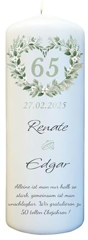 Eiserne Hochzeit Kerze mit Namen & Wunschtext personalisiert - zum 65 Hochzeitstag (25cm x 8cm)