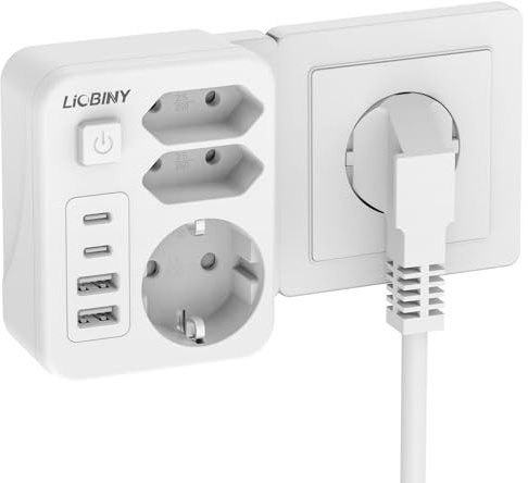7 en 1 Regletas Enchufes con 4 USB, Enchufe Múltiple con Interruptor Ladron Enchufes 3680W 16A, Enchufe Doble USB C para Oficina, Dormitorio, Compatible con Teléfono, Tableta, Blanco