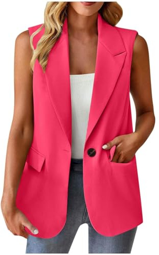 Gilet da donna senza maniche, sportivo, elegante, tinta unita, aperto, lungo, da ufficio, leggero, con tasche