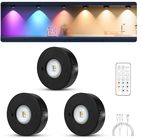 MERTTURM Recargable LED Armario Luz con Control Remoto, Regulables Mini LED Vitrina, 3 Temperaturas de Color, 9 RGB Iluminación de Armarios [3 Pieza]