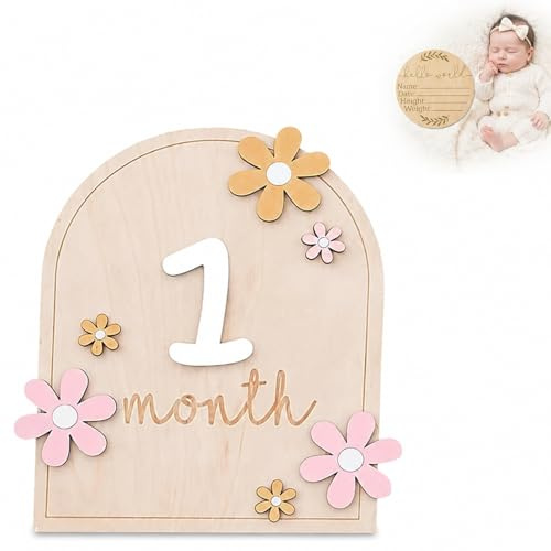 Tarjetas de Hitos de Madera para Bebé 16 Piezas Decorativas Redondas 10CM y Cuadradas 16CM Diseño Doble Cara Natural Moderno para Decoración del Hogar y Registro de Momentos