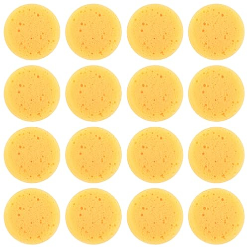 Ymapinc 16PCS Round Kitchen Pottery Sponges, 2.75 Inch Yellow Elasticity Pottery Sponges for Artist Paint Kitchen Shoes Leather Care Painting Face Art Crafts Household