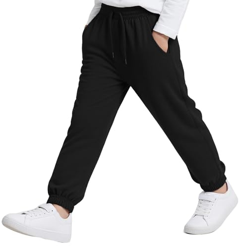 Hoseay Pantalon de Jogging Garçon, Taille Élastique Réglable à Cordon de Serrage avec Poches Survêtement, Confortable Doux Pantalon de Sport pour Enfants École Loisirs 13-14 Ans, Noir