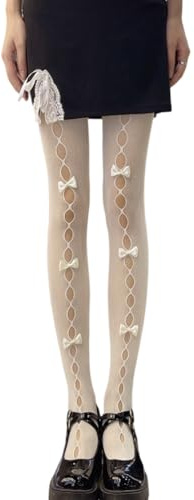 BEAMARKER Vita nätstrumpor med fluga för kvinnor med hög midja leggings söta och eleganta genombrutna nätstrumpbyxor för cosplay kjolar shorts fester
