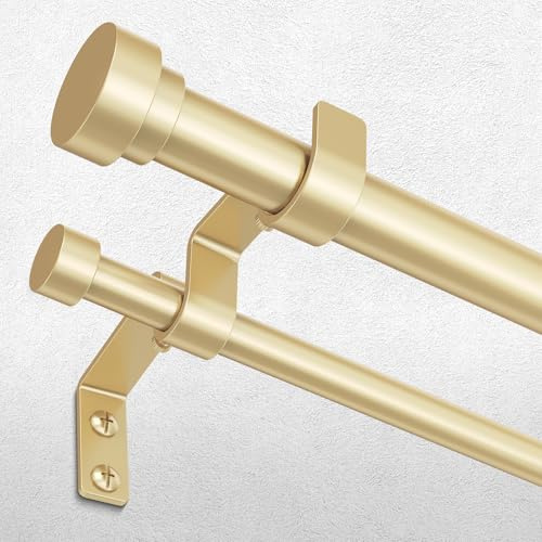 Double Curtain Rod, 1 Inch Gold Dual Curtain Rods 36 to 72 Inch with Aluminium Modern End Cap Finials, Adjustable Heavy Duty Window Treatment Rods, Telescopic Metal Double Drapery Pole Set