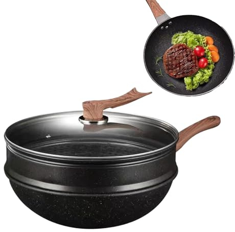 Woks Pan with Lid, 12.5 Inch Camping Woks with Steamer, Cookware for Nonstick Coating Oven Saute Braising Baking Restaurant Camping