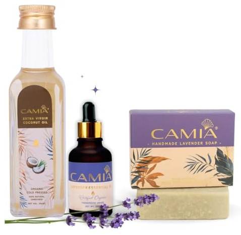 Organic Cold Pressed Coconut Oil, 250 ML + Lavender Essential Oil, 15 ML + Lavender Soap | 100% Natural Oils | Bath & Body Aromatherapy Stress Relief Relaxation Kit | Combo Set of 3