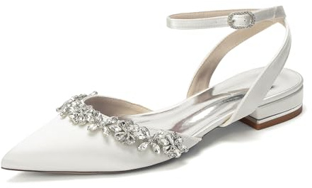 TNMIUH Scarpe da Sposa Basse Slingback in Raso a Punta con Strass - Eleganti Ballerine con Tallone Scoperto per Cerimonia e Invitata Matrimonio,Avorio,43 EU