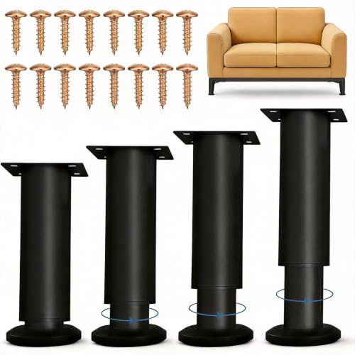 Pieds de Meuble Réglables Noirs, Réglables en Hauteur 8-12 cm, Lot de 4 Pieds de Meuble pour Cuisine, Salle de Bain, Canapé, Meuble TV – Châssis Métallique Robuste avec Embouts Antidérapants