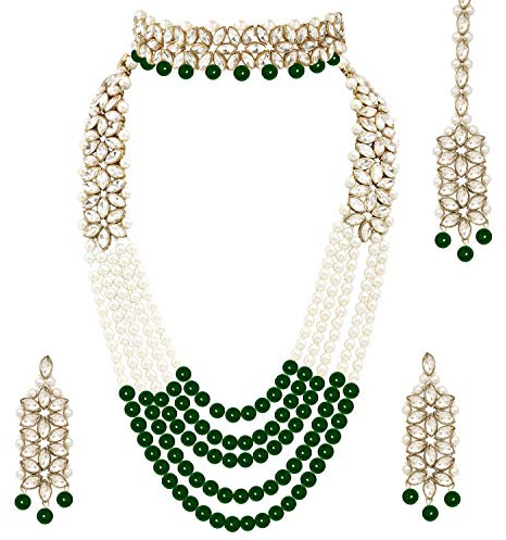 Aheli Wedding Party Wear Bridal Jewellery Choker Long Pearl Necklace Earrings Maang Tikka Indian Traditional Set Gift for Women