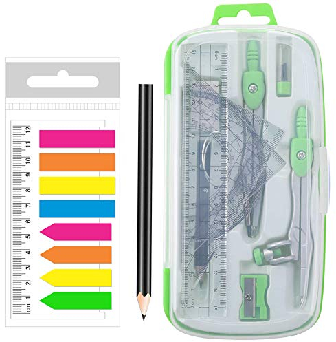 Akuoly Mathe-Geometrie-Set, Winkelmesser und Kompass, Mathe-Geometrie-Set School Compass, 2pcs Zirkel, 2pcs Geodreieck, 15cm Lineal und Winkelmesser, Grün