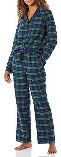 Amazon Essentials Damen Flanell-Schlafanzug mit Shirt mit Langen Ärmeln und Knopfleiste vorne und Hose, Grün Kobaltblau Blackwatch Plaid, S