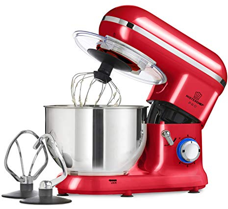 MisterChef PRO Electric Kitchen 1600W Food Stand Mixer, Big Bowl, Eggbeater, Dough Hook & Stainless Steel Whisk 5.5L Stainless Steel Bowl - Black - Red