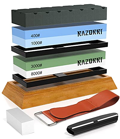 Razorri Kit de pierre à aiguiser pour couteaux – Pierres à aiguiser double face 400/1000 et 3000/8000, pierre à aplatir et pierre de nivellement – Strop en cuir et guide d'angle inclus