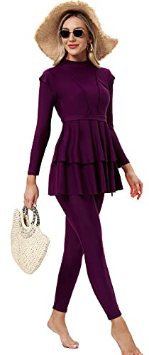 seafanny Traje de baño modesto para mujer de manga larga Burkini de cubierta completa Muslim Swimwear, rojo vino, 44 ES/46 ES