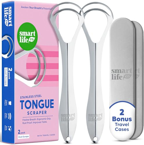 Tongue Scraper For Adults - Dual Head Stainless Steel Tongue Cleaner Travel Metal Case | Bad Breath Mouth Treatment | Best Disposable Metal Plastic-Free Scrubber | Oral Care Hygiene Essential Kit, 2pk