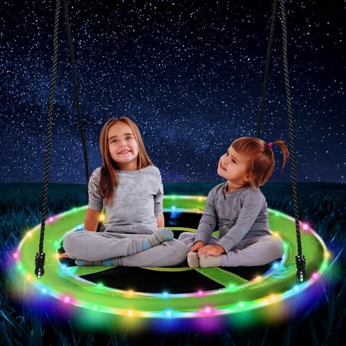 Lunmon 40 Inch Waterproof Saucer Swing with LED Rim Light 660 lb Load Saucer Tree Swing 900d Oxford Adjustable Outdoor Swing for Adults and Kids, Includes Hanging Kit for Play at Night Outdoor
