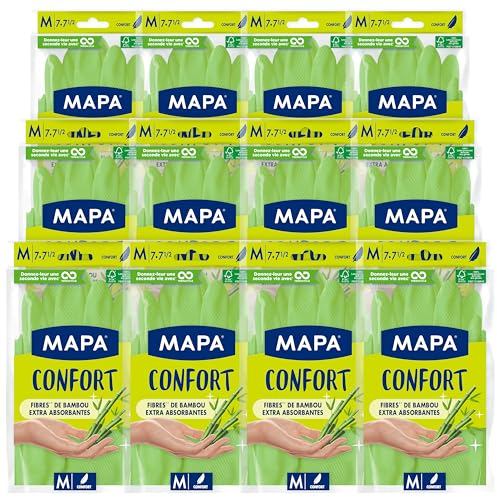 Mapa - Confort - 12 Gants de Ménage Textile Fibres de Bambou - Garde les mains Fraiches et Sèches - 12 pack de 1 paire - Taille M