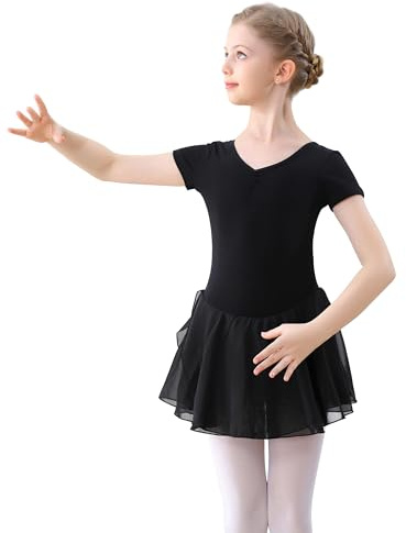 FONLAM Ballettkleidung Mädchen Kurzarm Tanzkleid Ballett Trikot Baumwolle Tanzkleid Tutu Tanzbody Ballettkleid Ballettanzug (12-13 Jahre, Schwarz)