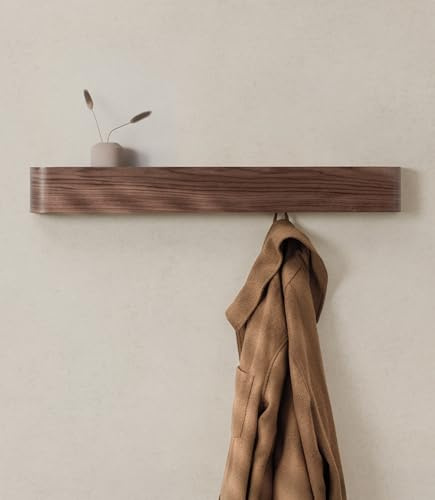 Kazai. Wall-Mounted Coat Rack 'Toke' - Modern Design with Hidden Wall Hooks - Solid Wood Veneer Panel Coat Hanger - Walnut