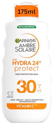Garnier Ambre Solaire Sun Cream SPF 30 Hydra 24 Hour Protect High protection UVB & UVA Hydrating Sun Lotion, Enriched with Vitamin C, Water Resistant Sunscreen, Non greasy, Fast Absorbsion, 175ml