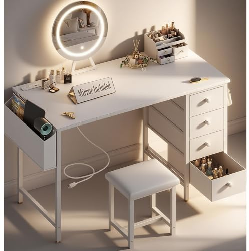 KAI-ROAD White Vanity Desk with Mirror and Light- Makeup Vanity Set Table with Chair, Storage, Lighted Mirror, 4 Large Fabric Drawers & Power Outlet, Dressing Table Vanities for Girls Bedroom