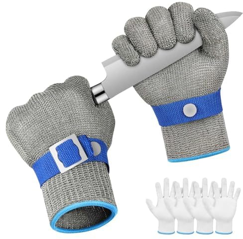 Flintronic Guantes Anticorte Nivel 9, 2 Piezas Guantes Trabajo Malla Acero, Guante Protección de Seguridad, Guante Carnicero, Viene Con 4 Manos de Nailon, para Pelar Ostras y Procesar Ingredientes (S)