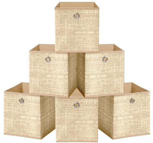 HEFTMAN Foldable Storage Cube Boxes - Set of 6 Beige Fabric Storage Boxes with Grommet Handle, Space Saving Fabric Cube Storage Boxes for Clothes, Toys, Books Organisation (26 x 26 x 28 cm - Beige)