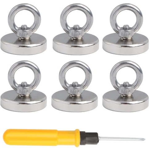 6 imanes fuertes, grandes, 22,5 kg, de neodimio fuerte, 32 mm, imanes con ojal, redondos, fuertes, sujeción fuerte, aptos para pesca en casa, taller (con destornillador)
