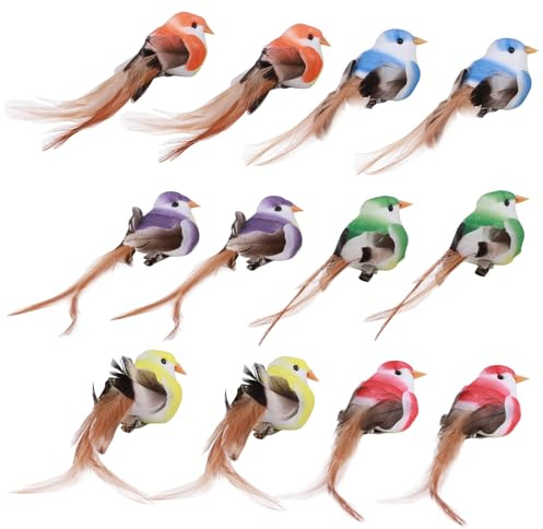 ZONJIE 12 pájaros de plumas artificiales, modelo de pájaro de plumas, pájaros decorativos con clip, figuras de Pascua, minifiguras decorativas de pájaros, adornos en miniatura, decoración de boda