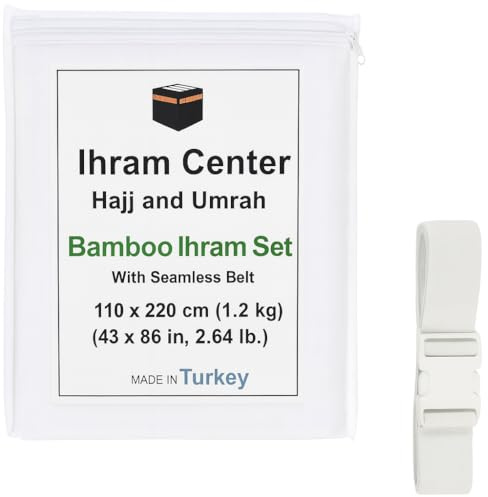 Ihram pour Homme – Ensemble de Serviettes 2 Pièces pour le Hajj et la Omra – Bambou Coton Naturel – Doux, Sans Couture – Ahram Ehram 110X220 cm (Bambou Avec Ceinture)