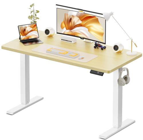 WALKINGDESK 48x24 Inches Height Adjustable Electric Standing Desk with 2 Hooks for Home Office, Ergonomic Sit Stand up Desk with Splice Board, Oak