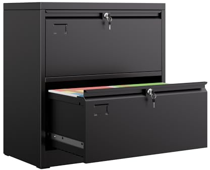 Reemoon 2 Drawer Lateral File Cabinet,30.24 H Metal Wide Filing Cabinet with 2 Locks and Business Card Slot for Home Office School Hanging Letter/Legal/F4/A4 Size Folders,Required Assembly,Black