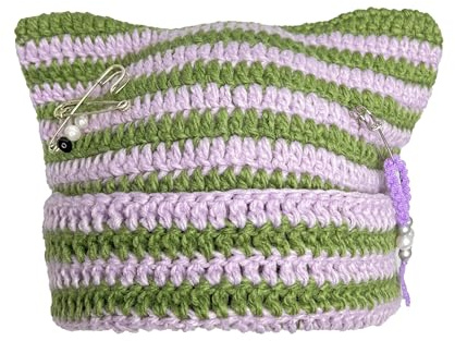 Hshsclth Cat Ear Crochet Beanie Hat Y2K Style with DIY Accessories Goth Knit Hat for Women Girls (US, Alpha, One Size, Olive Green and Pale Lilac)